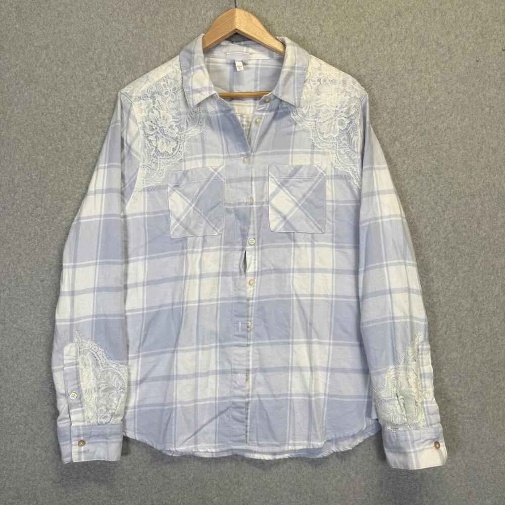 Shyanne Women's Size XL White Blue Embroidered Western Button Down Shirt Top
